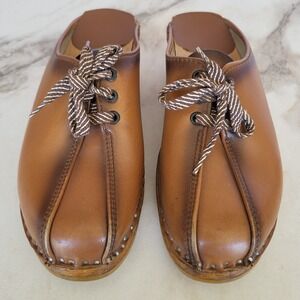 Bastad Toffeln Vintage Swedish Wooden Clogs Lace Up Brown Leather Size 36 / 6
